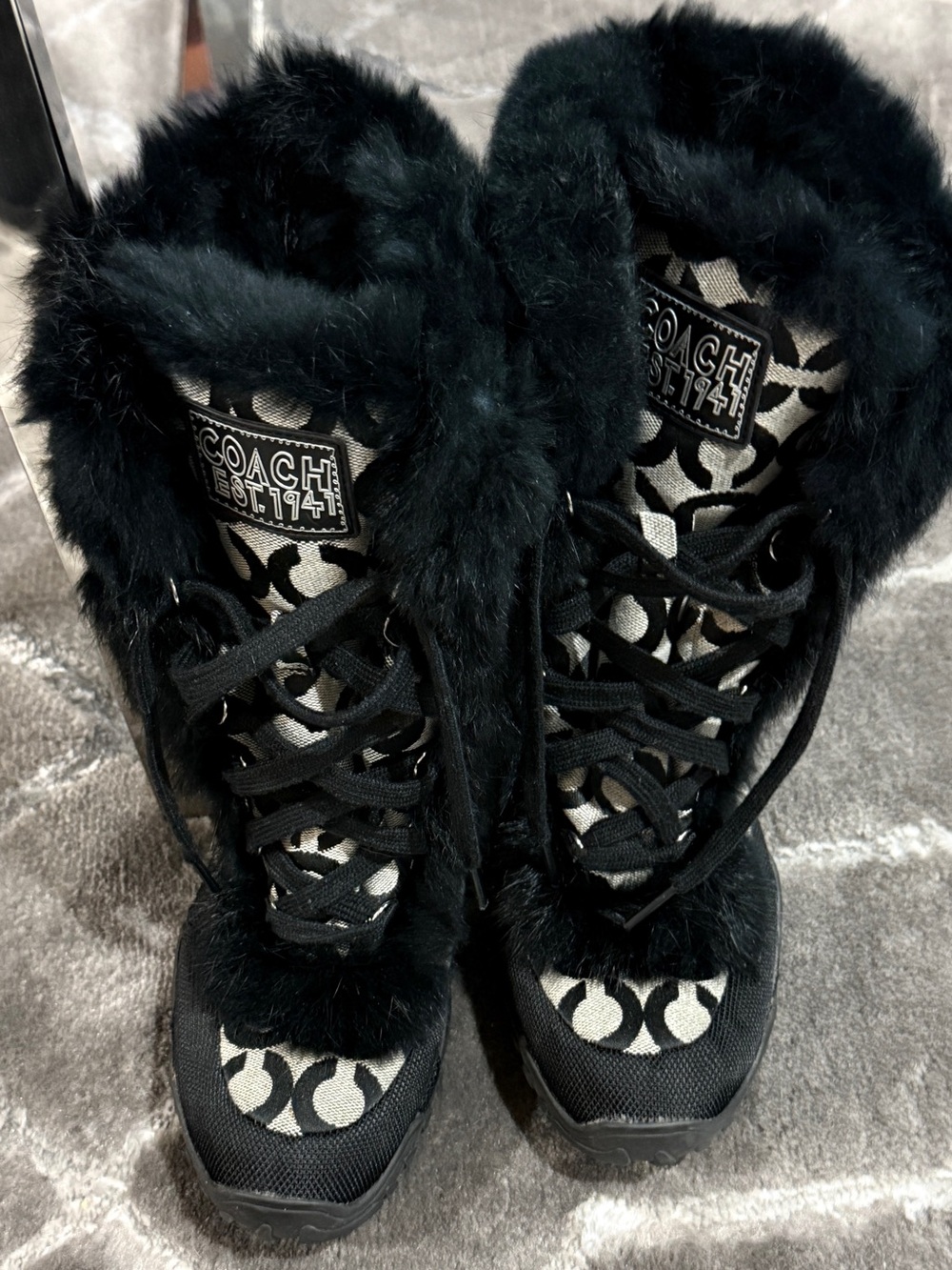 Coach Jenni Black and Ivory Rabbit Fur Lace-Up Winter Boots